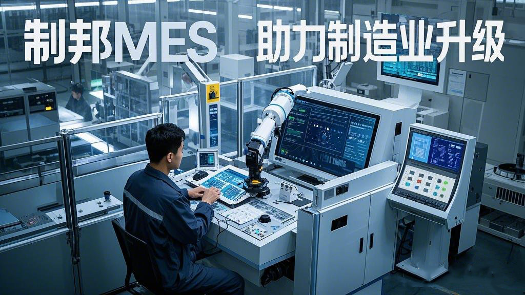 主題為 “制邦MES 助力制造業(yè)升級(jí)”。畫面呈現(xiàn)出一個(gè)現(xiàn)代化的智能工廠，車間里機(jī)械臂有序地工作，在工廠的中控室里，大屏幕上展示著生產(chǎn)數(shù)據(jù)和制邦MES的數(shù)據(jù)分析圖表，一位工程師正在通